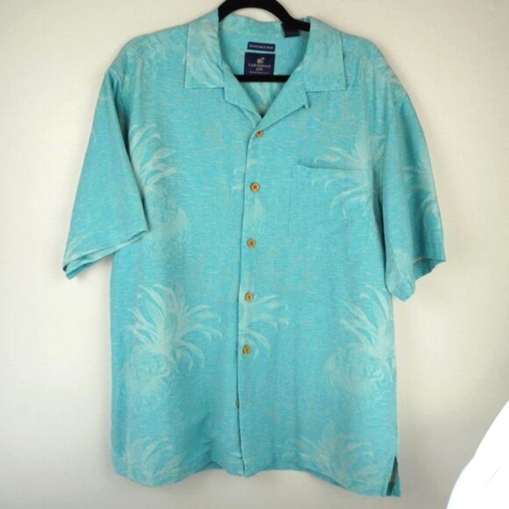 Caribbean Joe‎ Silk Light Blue Tropical Short Sleeve Hawaiian Shirt Size Large